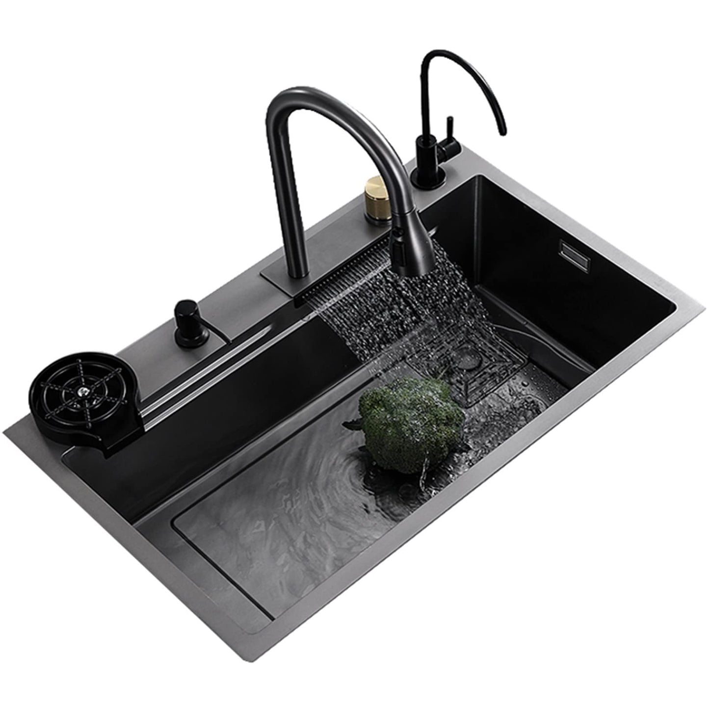 Smart Handmade Black Kitchen Sink 75 x 46 cm with 3-System Mixer, Waterfall Mixer and Complete Accessories Set