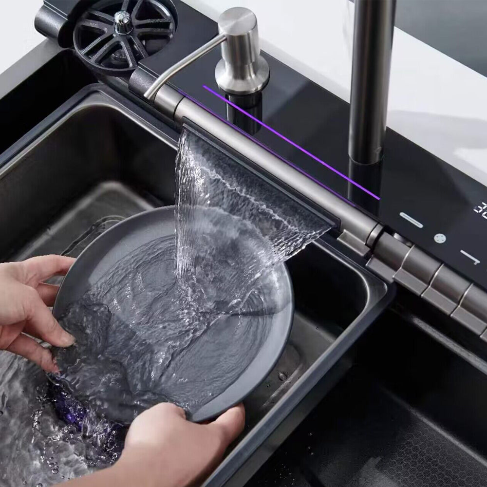 Smart Digital Kitchen Sink Black 75 x 45 cm — 7-Button Control, Pull-Out Mixer, and Waterfall Mixer with Temperature Display, with Drain and All Accessories