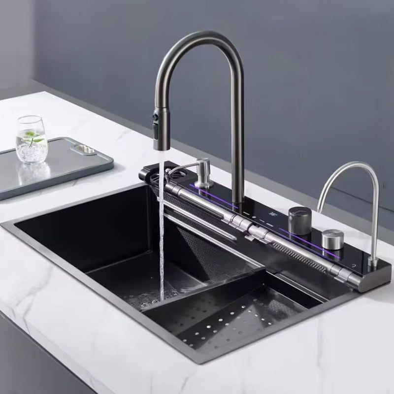 Smart Digital Kitchen Sink Black 75 x 45 cm — 7-Button Control, Pull-Out Mixer, and Waterfall Mixer with Temperature Display, with Drain and All Accessories