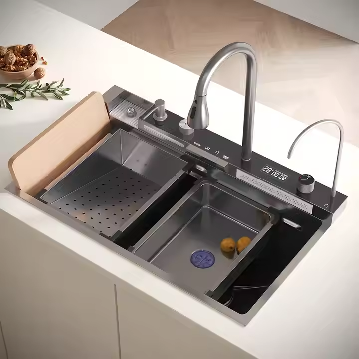Smart 5-Button Kitchen Sink 75 x 46 cm Black with Pull-Out Mixer, Waterfall and Complete Accessories