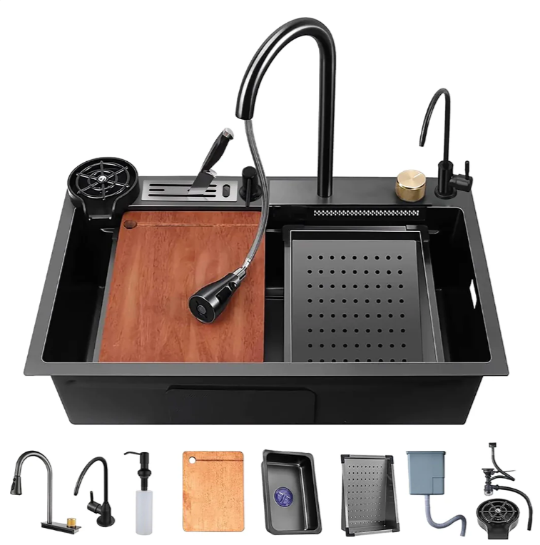 Smart Handmade Black Kitchen Sink 75 x 46 cm with 3-System Mixer, Waterfall Mixer and Complete Accessories Set