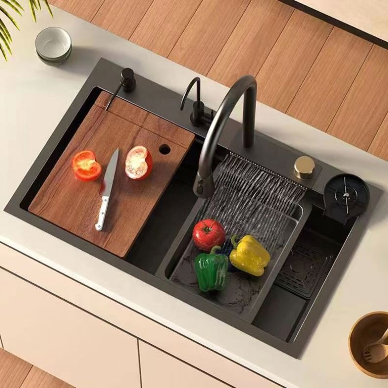 Smart Handmade Black Kitchen Sink 75 x 46 cm with 3-System Mixer, Waterfall Mixer and Complete Accessories Set