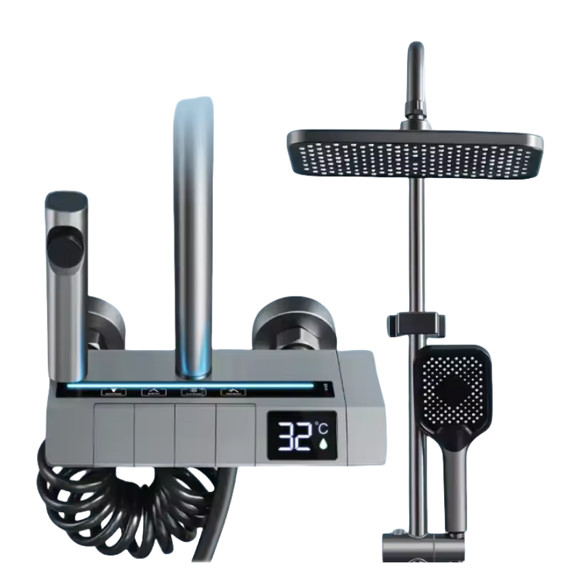 Multifunctional 4-position piano shower mixer with temperature display and distinctive design