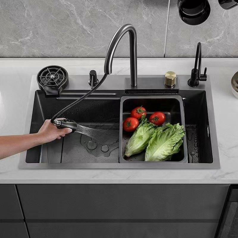 Smart Handmade Black Kitchen Sink 75 x 46 cm with 3-System Mixer, Waterfall Mixer and Complete Accessories Set