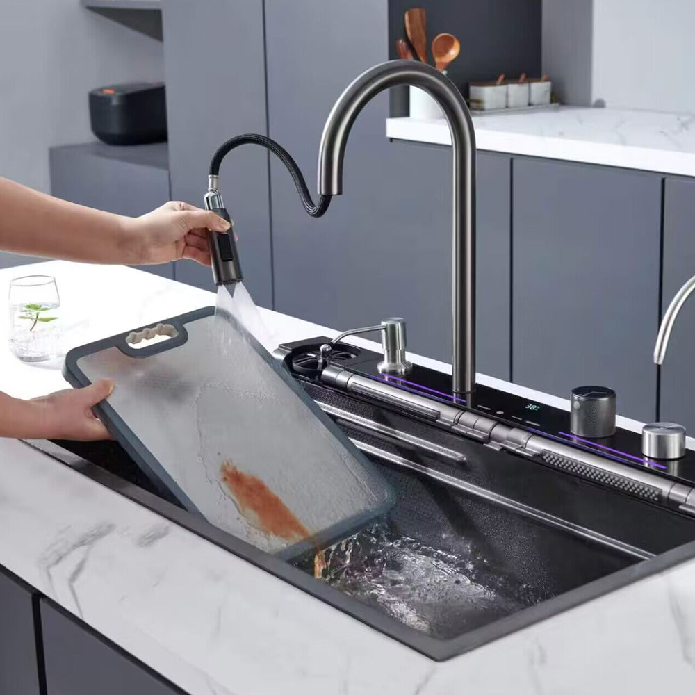 Smart Digital Kitchen Sink Black 75 x 45 cm — 7-Button Control, Pull-Out Mixer, and Waterfall Mixer with Temperature Display, with Drain and All Accessories