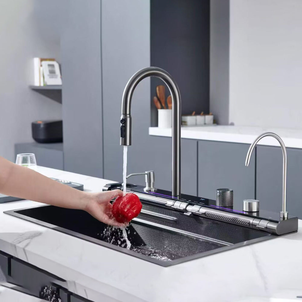 Smart Digital Kitchen Sink Black 75 x 45 cm — 7-Button Control, Pull-Out Mixer, and Waterfall Mixer with Temperature Display, with Drain and All Accessories